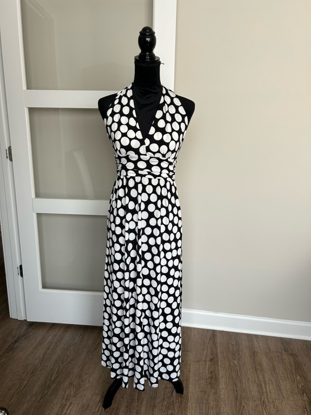 Necessary Objects Black and White Polka Dot Halter Maxi Dress